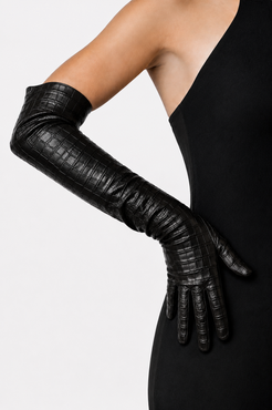 Long croc-embossed leather gloves black
